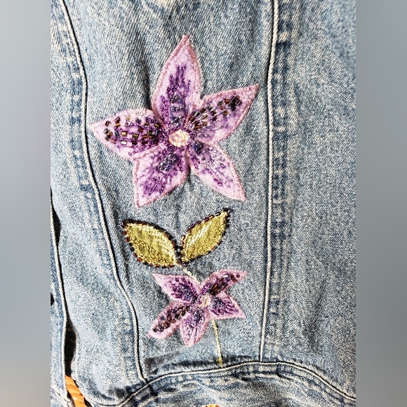 Beaded Purple Flowers Denim Jeans Jacket Tantrums 2x - Picture 9 of 9